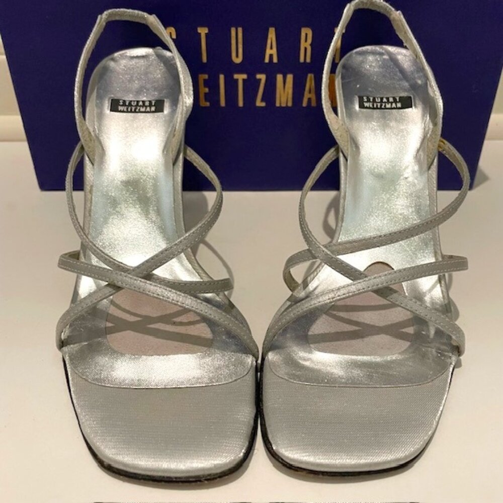 Stuart Weitzman Strappy Silver Metallic Fabric Dress Heels